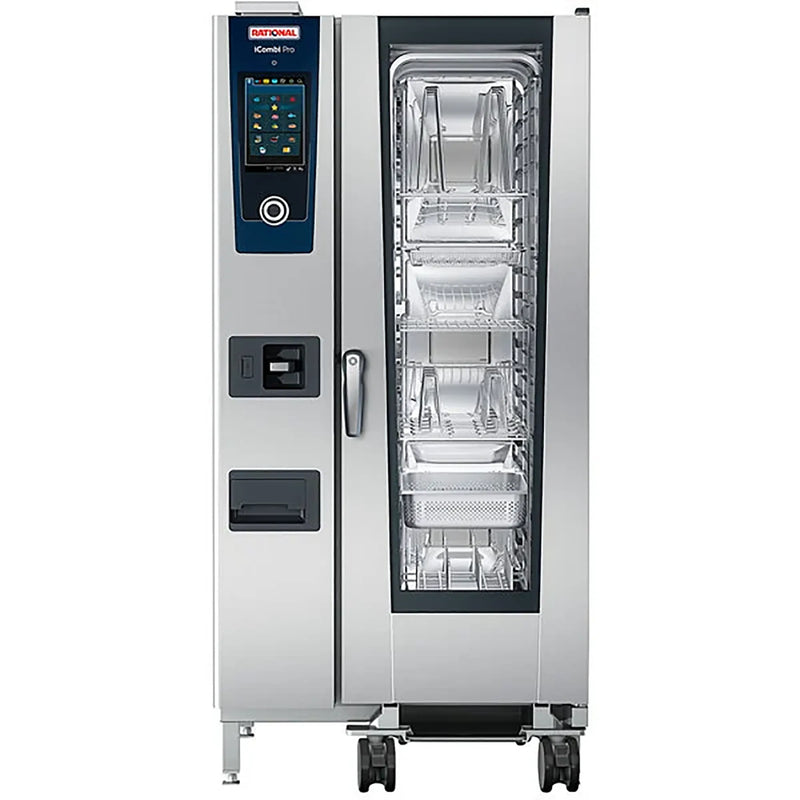 Rational iCombi Pro 20 half size electric floor model combi oven with blue touchscreen and roll-in rack behind glass