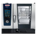 Rational iCombi Pro 6 half size electric combi oven, front view with blue touchscreen panel and glass door with racks