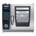 Rational iCombi Pro XS 4 half size electric combi oven with blue digital touchscreen and glass door showing racks