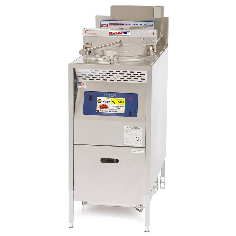 Refurbished Broaster 1800 series gas pressure fryer in stainless steel with lid closed and control panel, front view