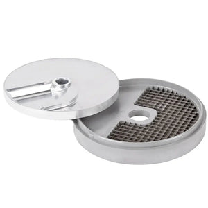 Robot Coupe 8x8 mm dicing grid kit for Essential R2Dice series food processors, slicing disc above dicing grid
