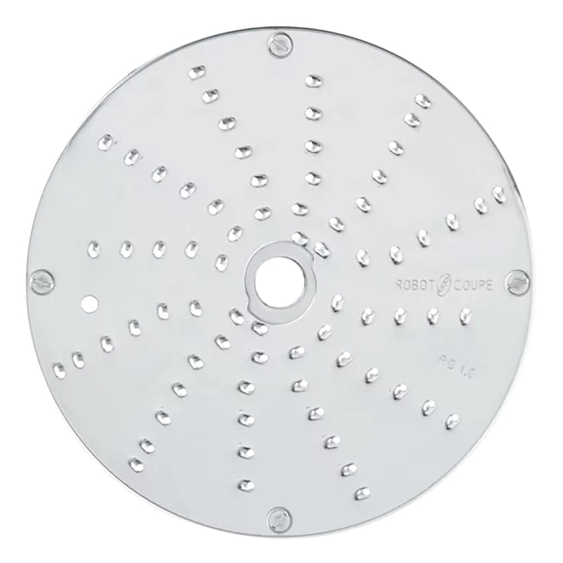 Robot Coupe grater disc for Expert food processors, stainless steel with fine grating holes in curved rows, top view