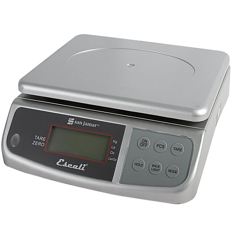San Jamar Escali SCDGM66 stainless steel portioning scale with digital display and front keypad, 66 lb capacity, angled