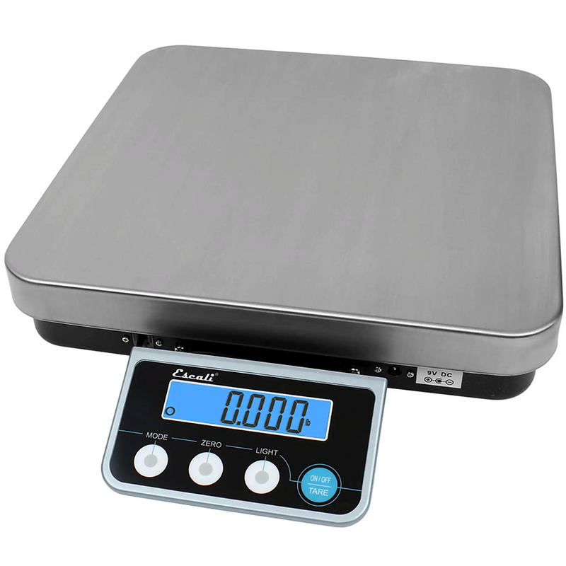 San Jamar Escali SCDGPC13 large stainless steel portioning scale with separate backlit LCD display and buttons, angled