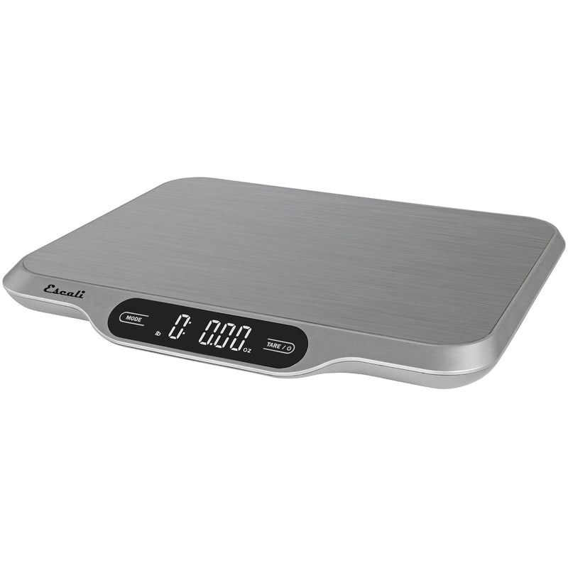 San Jamar Escali SCDGSL33 stainless steel low profile portioning scale with digital display, 33 lb capacity, angled view
