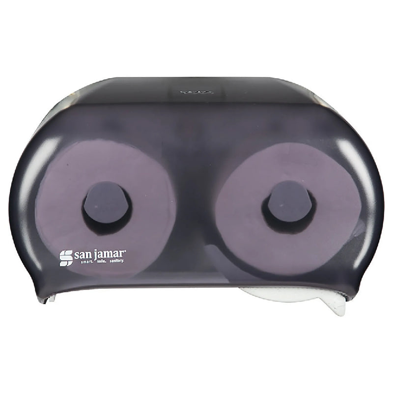 San Jamar R3600TBK double roll standard toilet tissue dispenser in black pearl with two rolls visible, front view