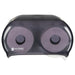 San Jamar R3600TBK double roll standard toilet tissue dispenser in black pearl with two rolls visible, front view