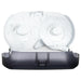 San Jamar R4000TBK double roll jumbo toilet tissue dispenser with black cover opened, showing the white roll holders