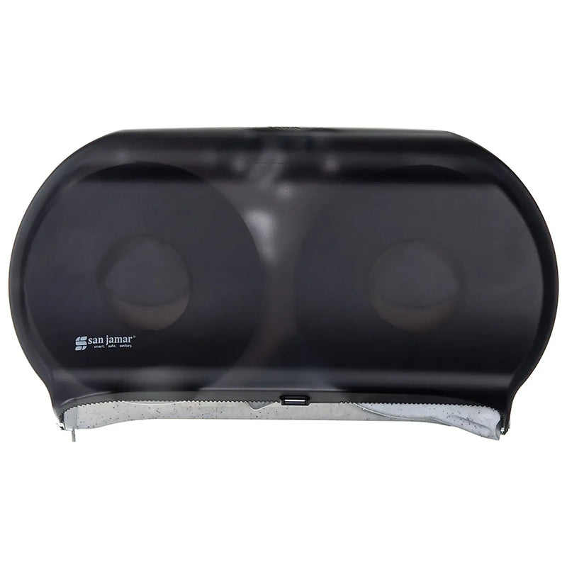 San Jamar R4000TBK double roll 9 inch jumbo toilet tissue dispenser in black pearl translucent finish, front view