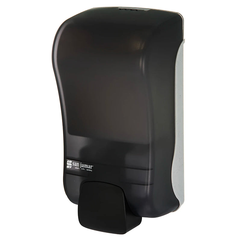 San Jamar S1300TBK manual liquid hand soap dispenser, 1300ml, black pearl cover with large push button, angled view