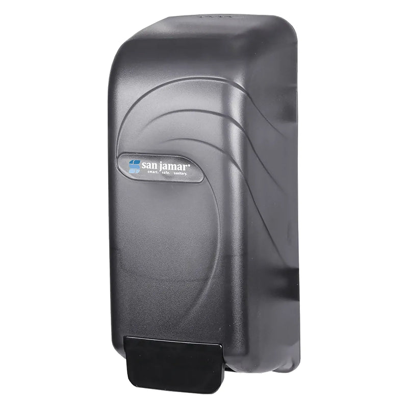 San Jamar S890TBK manual liquid hand soap dispenser for bulk or bag-in-box soap, black pearl cover, angled right view