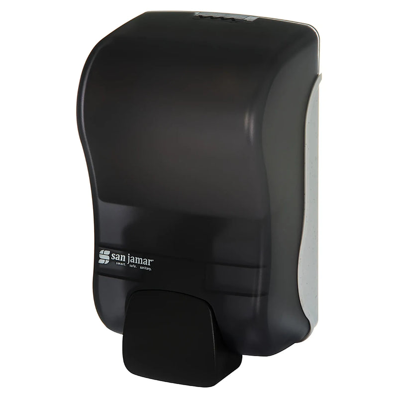 San Jamar S900TBK manual liquid hand soap dispenser, 900ml, black pearl cover with large push button, angled view