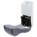 San Jamar SH900TBK touchless liquid hand soap dispenser with black cover open, showing the white reservoir and pump