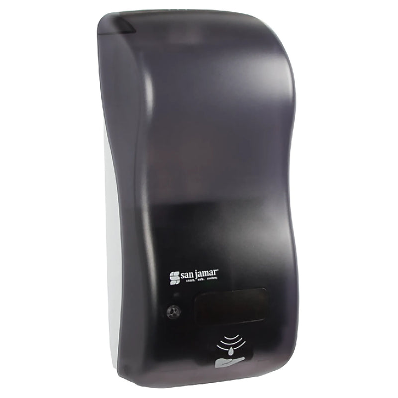 San Jamar SH900TBK touchless liquid hand soap dispenser, 900ml, black pearl cover with sensor window, angled view