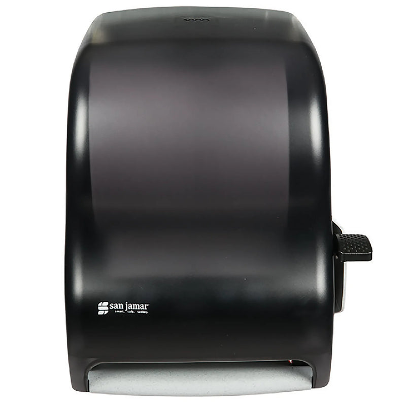 San Jamar T1100TBK black pearl roll paper towel dispenser with side lever handle and auto transfer system, front view