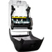 San Jamar T1400TBK touchless paper towel dispenser with black cover opened, showing the motorized feed and roll holders