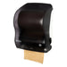 San Jamar T7400TBK black pearl hands-free roll paper towel dispenser dispensing brown towel, angled side view