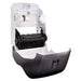 San Jamar T7400TBK hands-free paper towel dispenser with black cover opened, showing roll holders and feed mechanism