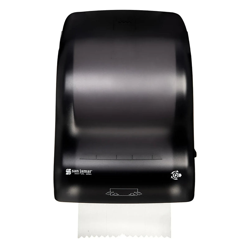 San Jamar T7400TBK black pearl hands-free roll paper towel dispenser with towel extending from bottom, front view