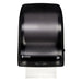 San Jamar T7400TBK black pearl hands-free roll paper towel dispenser with towel extending from bottom, front view