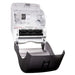 San Jamar T8000TBK compact touchless roll paper towel dispenser with black cover opened to show the loading mechanism