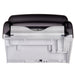 San Jamar T8400TBK compact touchless paper towel dispenser, underside view showing the white towel outlet and feed area