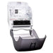 San Jamar T8400TBK compact touchless paper towel dispenser with black cover open, showing roll holder and feed mechanism