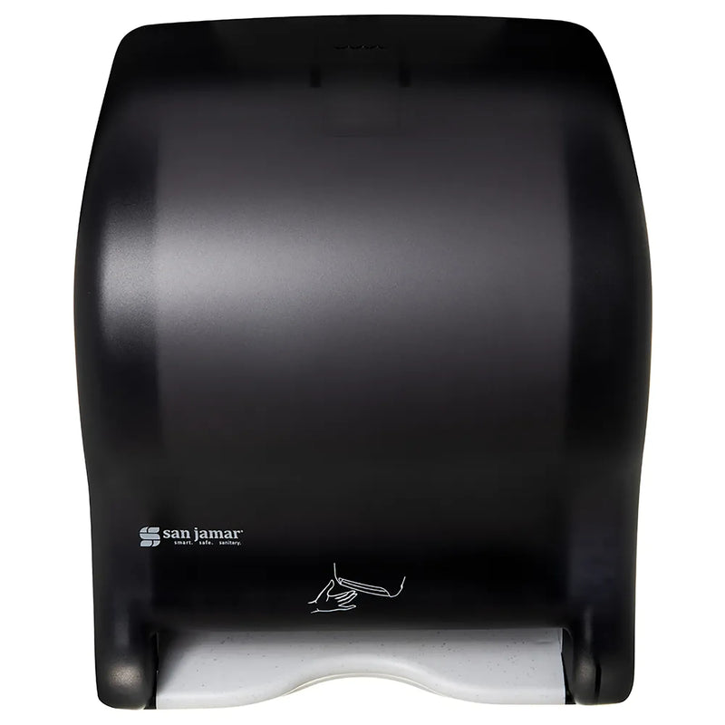 San Jamar T8400TBK compact touchless roll paper towel dispenser with sensor in black pearl translucent finish, front view