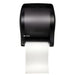 San Jamar T950TBK black pearl roll paper towel dispenser with lever handle and white towel dispensed, front view