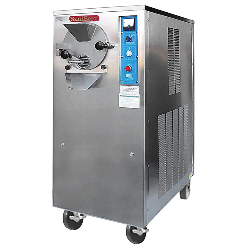 SaniServ B10-SAN 10 quart batch ice cream freezer in stainless steel with front barrel door, shown on casters