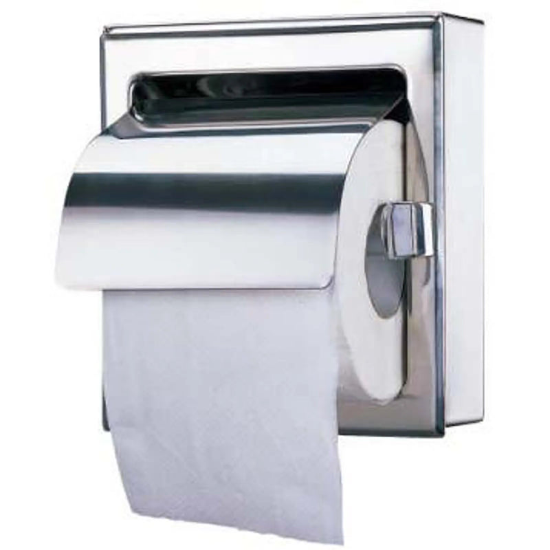 Sanital SN-261SS single toilet paper dispenser in polished stainless steel with hinged hood and roll, front view