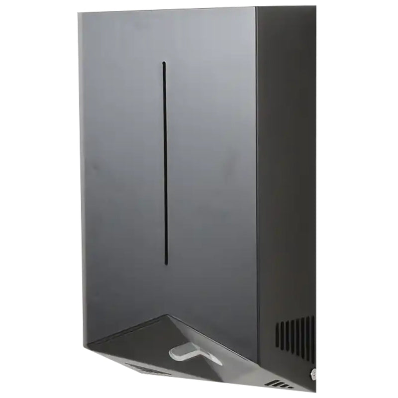 Sanital SN-M-H7-BB box hand dryer, 1200W, slim rectangular wall-mount unit in dark grey metal, angled side view