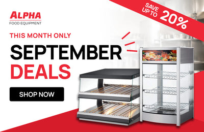 Promotional banner for Alpha Food Equipment's September Deals, featuring commercial glass food warmers and display cases.