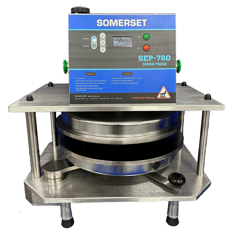 Somerset SEP-760 automatic pizza dough press with blue control box and heated stainless steel platens, front view