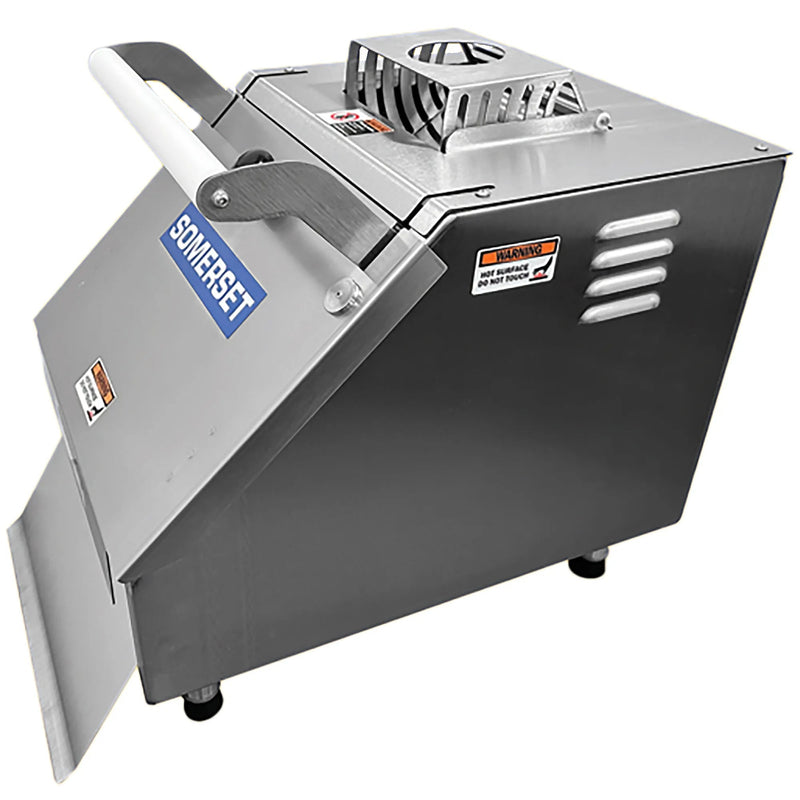 Somerset SEP-790 automatic tortilla dough press, 220V, stainless steel cabinet with fold-down front tray, angled view