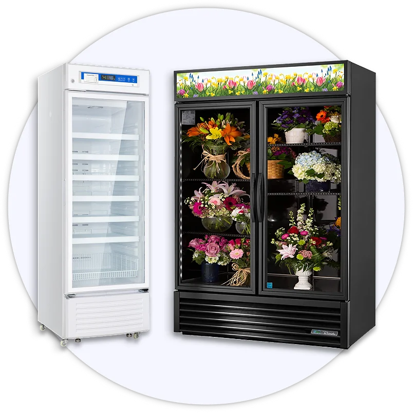 Commercial walk-in refrigeration units, floral display refrigerators, and pharmacy storage.