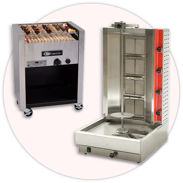 Specialty cooking equipment including shawarma broilers, wok ranges, and rotisseries.