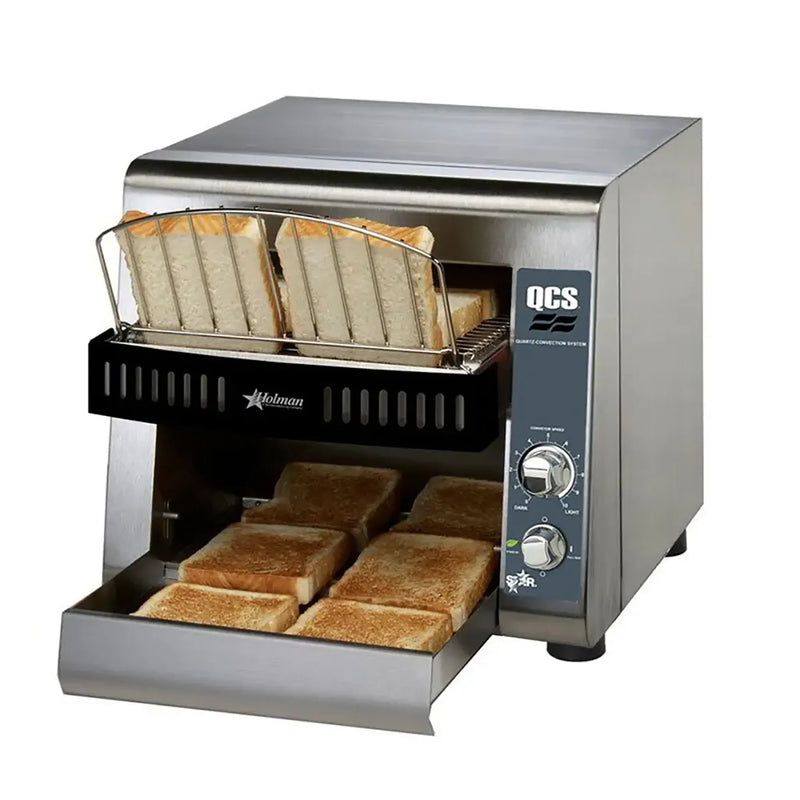 Star-Holman QCS1-350 compact conveyor toaster in stainless steel with bread slices on the conveyor and toast in front tray