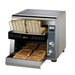 Star-Holman QCS1-350 compact conveyor toaster in stainless steel with bread slices on the conveyor and toast in front tray