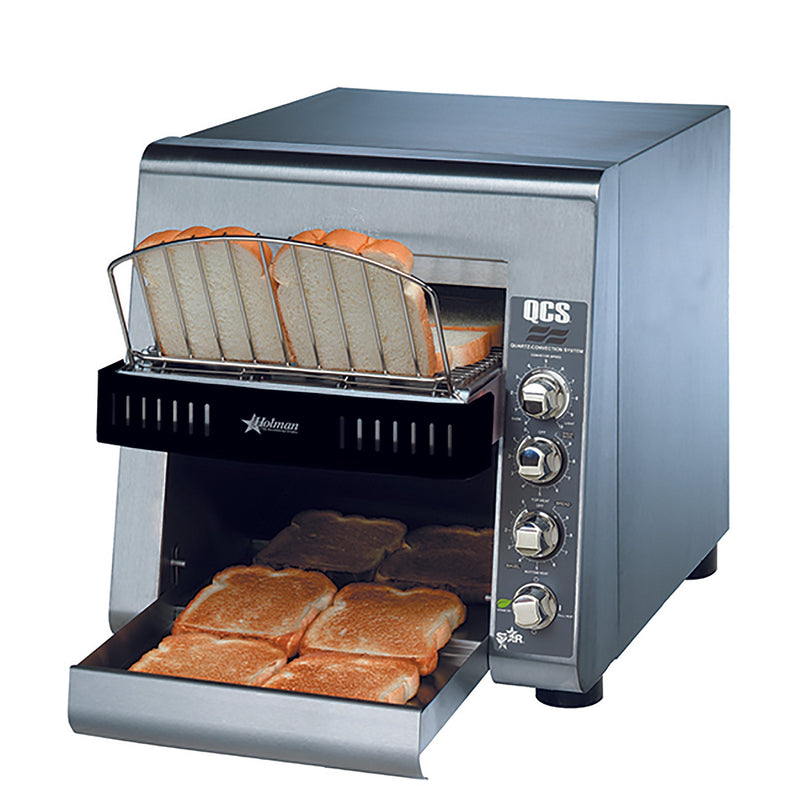 Star-Holman QCS2-800 compact conveyor toaster in stainless steel with 1.5-inch opening, bread on the rack and toast below