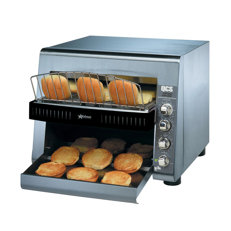 Star-Holman QCS3-1000 compact toaster in stainless steel with 1.5-inch opening, toasting bun halves with toasted buns below