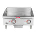 Star-Max 524TGF 24-inch heavy duty electric griddle, front view of the smooth steel plate and two control knobs
