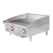 Star-Max 524TGF 24-inch heavy duty electric griddle, stainless steel body with two thermostat knobs, angled view