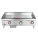 Star-Max 536TGF 36-inch heavy duty electric griddle, front view of the smooth steel plate and three control knobs