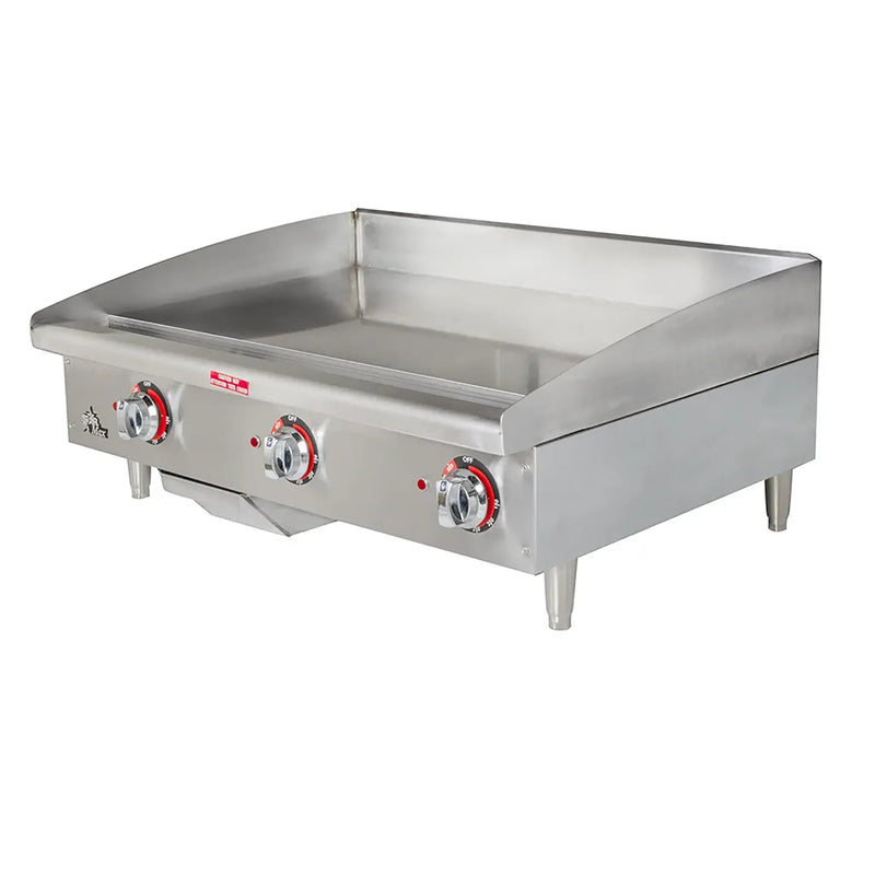 Star-Max 536TGF 36-inch heavy duty electric griddle, stainless steel body with three thermostat knobs, angled view
