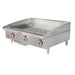 Star-Max 536TGF 36-inch heavy duty electric griddle, stainless steel body with three thermostat knobs, angled view
