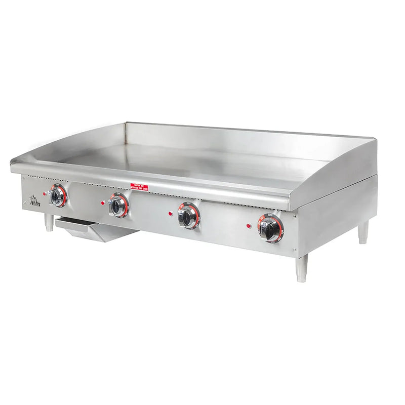 Star-Max 548TGF 48-inch heavy duty electric griddle, stainless steel body with four thermostat knobs, angled view