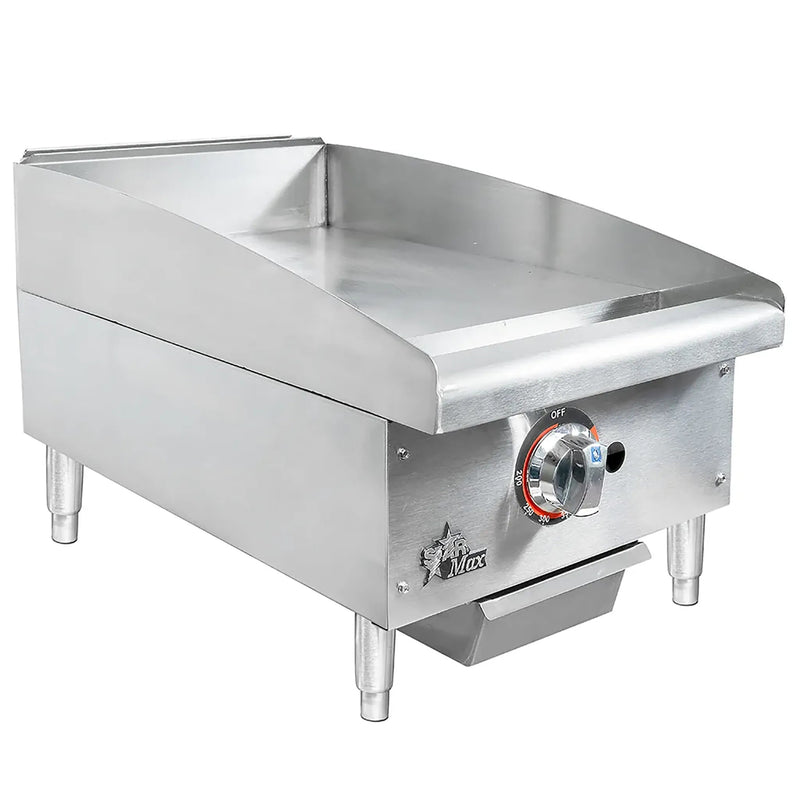 Star-Max 615TF 15-inch natural gas or propane thermostatic griddle, stainless steel body angled right with grease tray