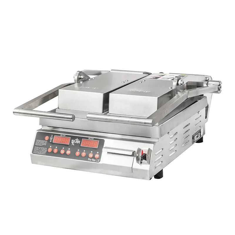 Star Pro-Max PST14D split top flat panini grill with both lids closed, stainless steel body and dual digital controls