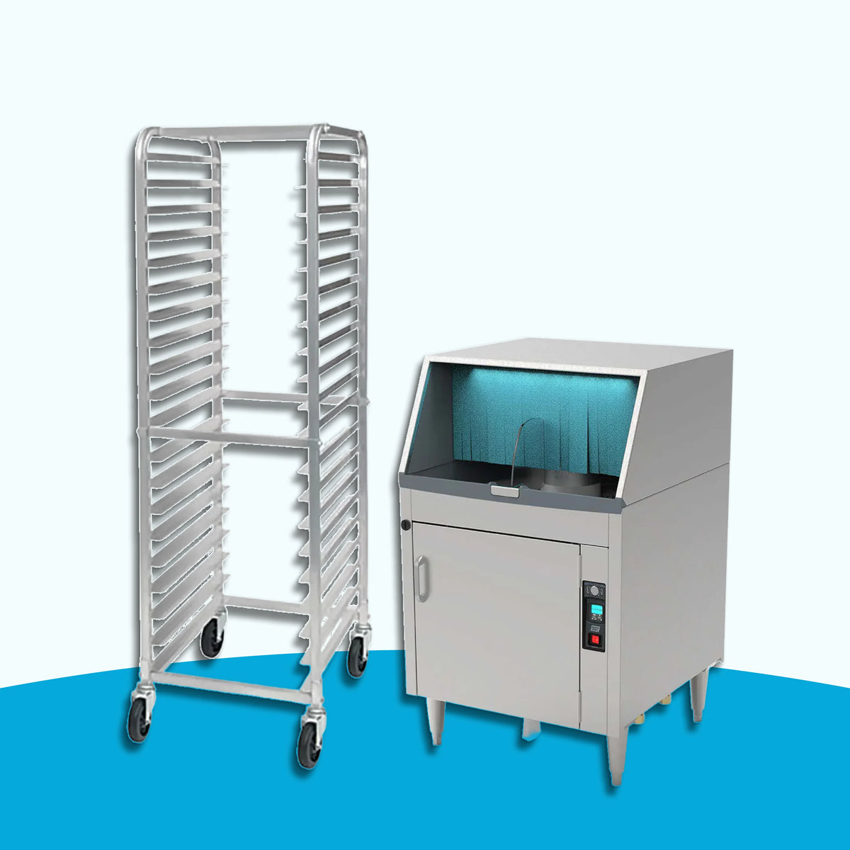 Sheet pan rack and undercounter dishwasher